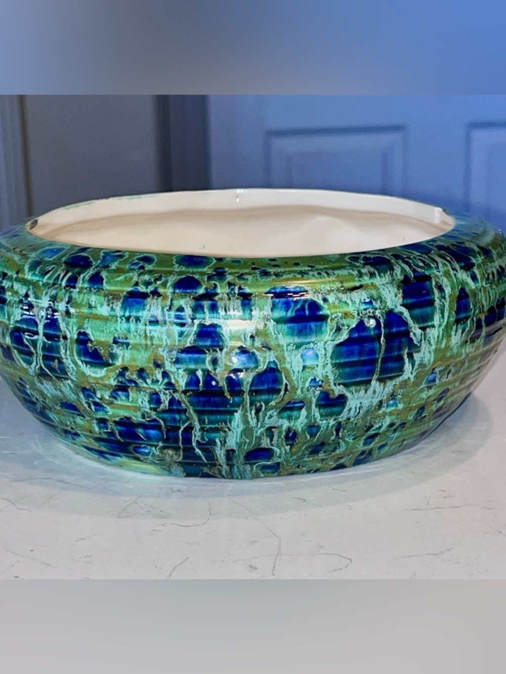 vintage mid-century ceramic bowl or planter pot  blue and green drip glaze 7.5”